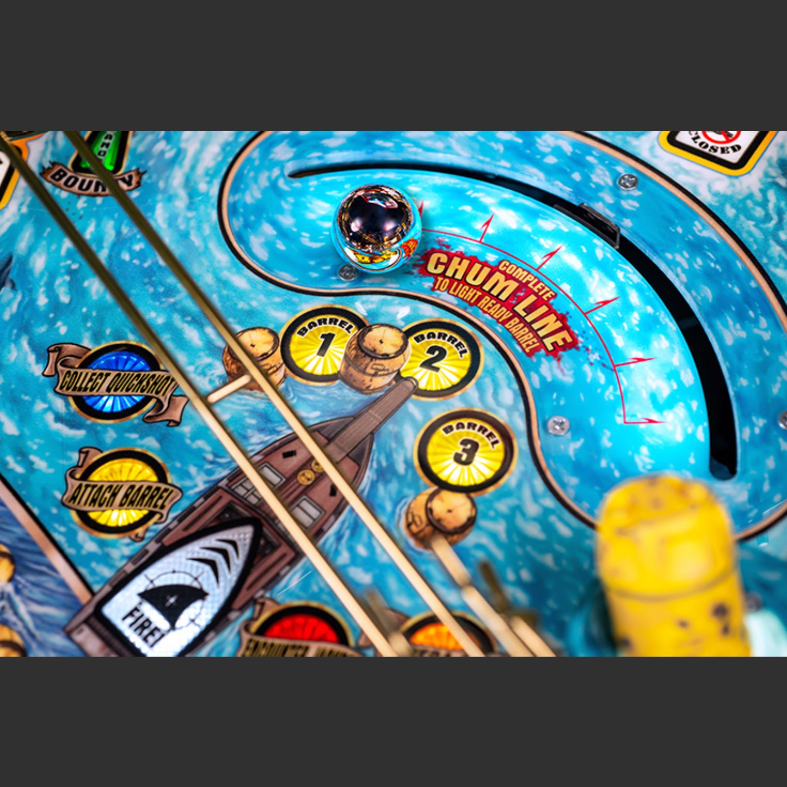 Nitro Pinball Sales Jaws 50th Annyversary Close-up of a pinball machine with blue marquee and various game elements.