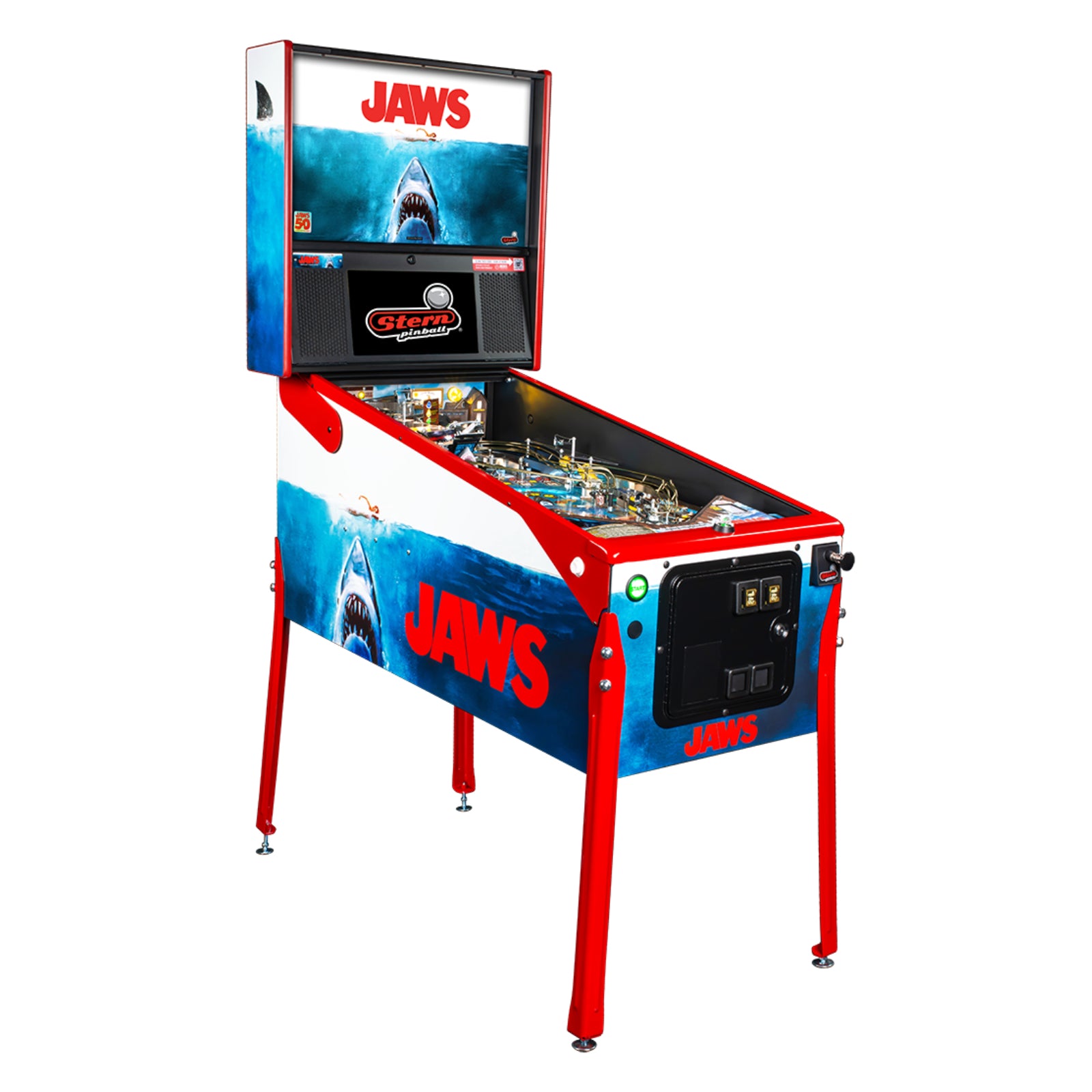 Nitro Pinball Sales Jaws 50th Annyversary Pinball machine themed after the movie 'Jaws' with shark and ocean design.