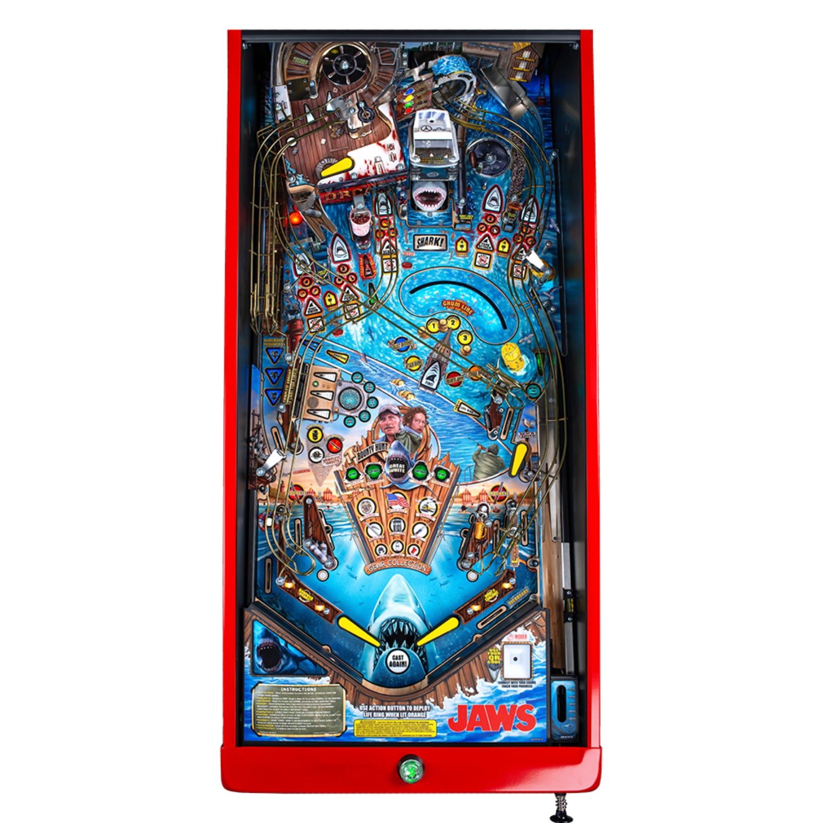 Nitro Pinball Sales Jaws 50th Annyversary Pinball machine with 'Jaws' theme on a white background