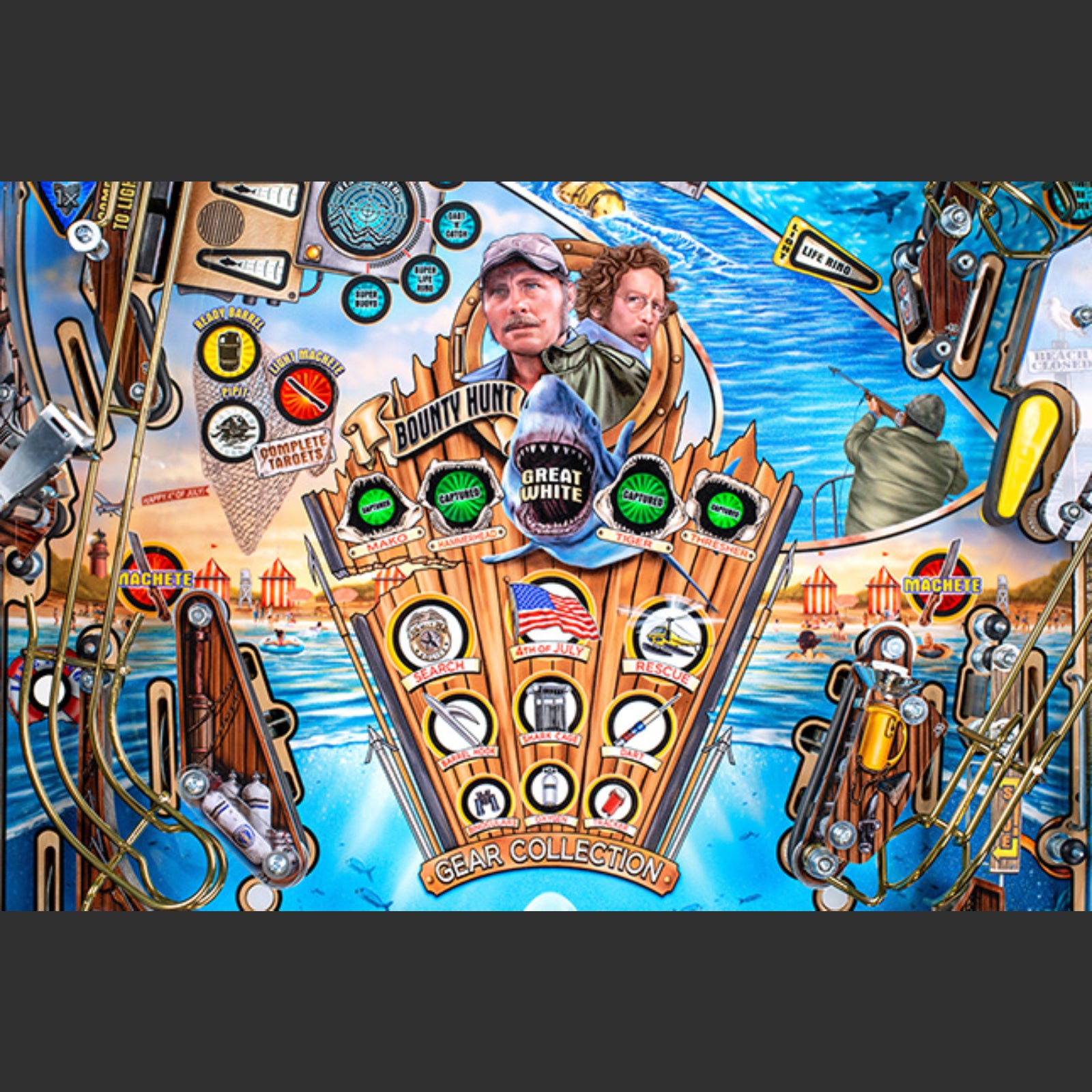 Nitro Pinball Sales Jaws 50th Annyversary Pinball machine with various symbols and characters on a colorful background