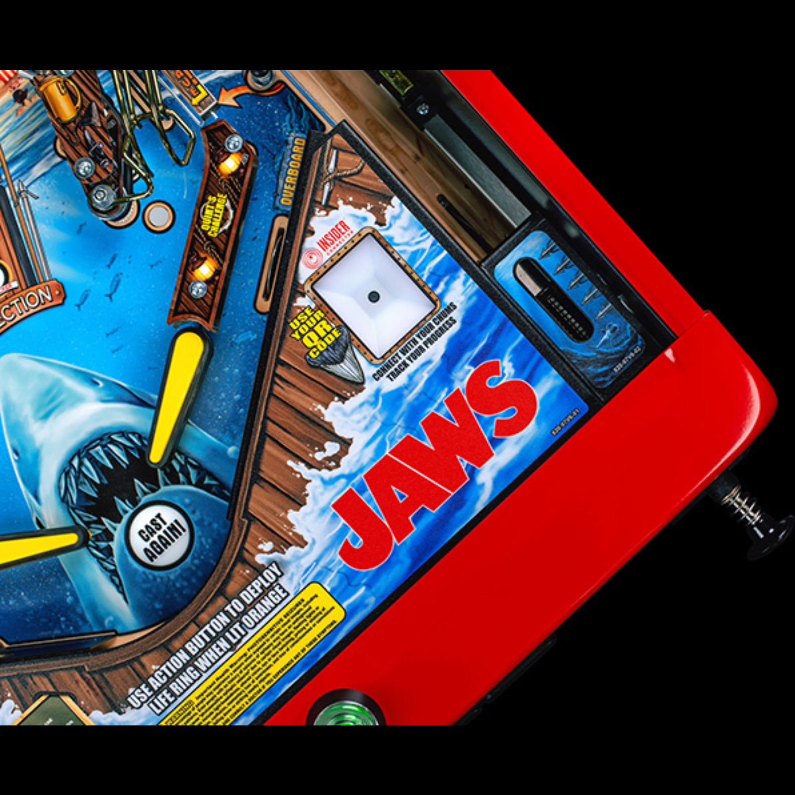 Nitro Pinball Sales Jaws 50th Annyversary Pinball machine with 'Jaws' theme featuring a shark and red border.