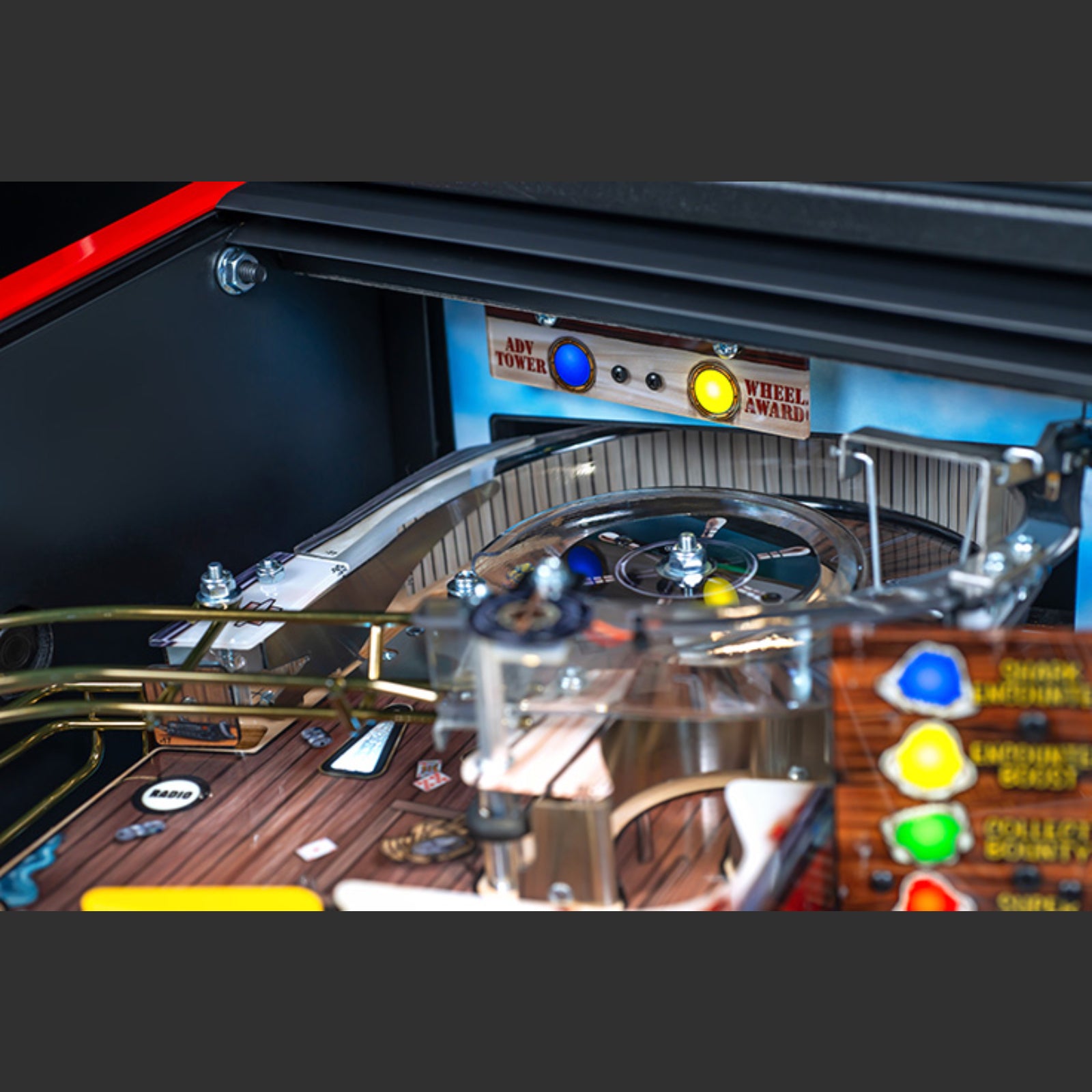 Nitro Pinball Sales Jaws 50th Annyversary Close-up of a pinball machine with various components and lights.
