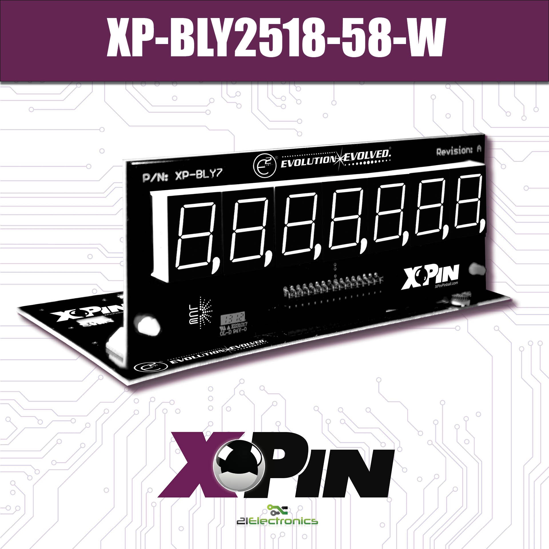 Nitro Pinball Sales Parts & Accessories XP-BLY2518-58-W / CLASSIC BALLY/STERN 7-DIGIT DISPLAY: WHITE (Includes Red, Green & Blue Vinyl Gel)
