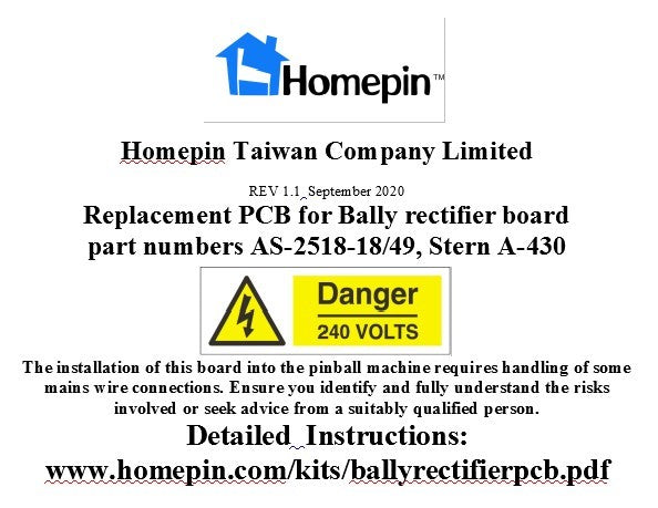 Homepin - Bally/Stern SS Power Rectifier PCB: WMS AS-2518/49 (w/Mounting Kit)