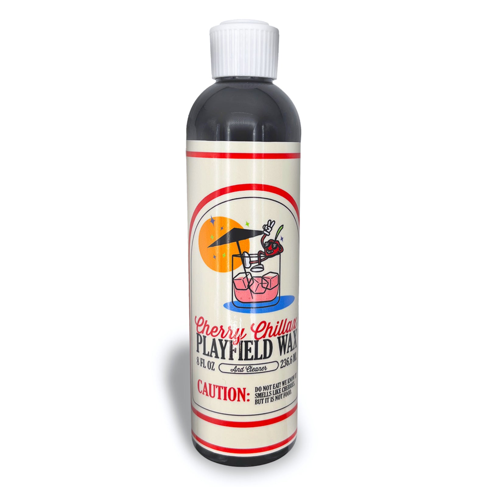 Nitro Pinball Sales Parts & Accessories Cherry Chillax Playfield Wax & Cleaner - 8oz Bottle Bottle of Cherry Chillax Playfield Wax with a colorful label on a white background
