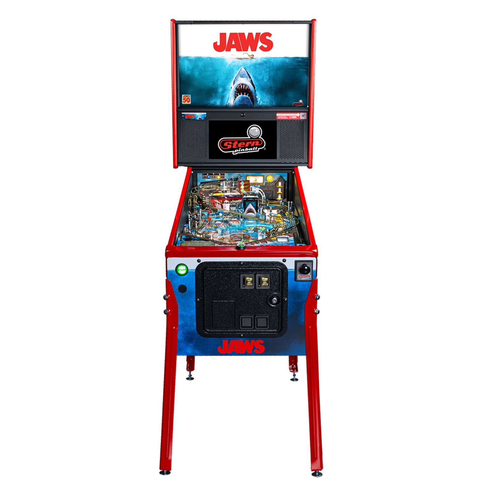 Nitro Pinball Sales Jaws 50th Annyversary Pinball machine themed after the movie 'Jaws' on a white background