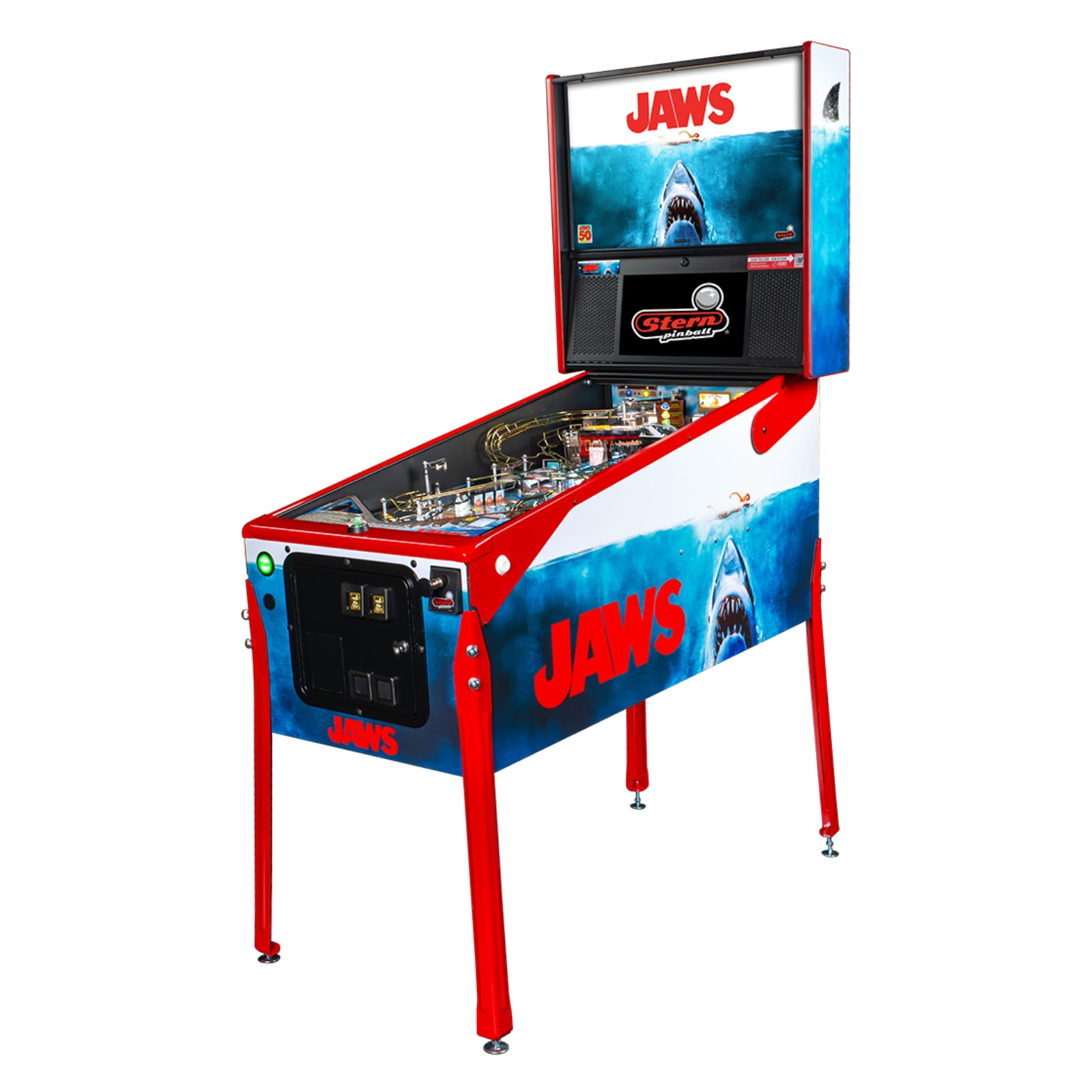 Nitro Pinball Sales Jaws 50th Annyversary Pinball machine themed after the movie 'Jaws' on a white background